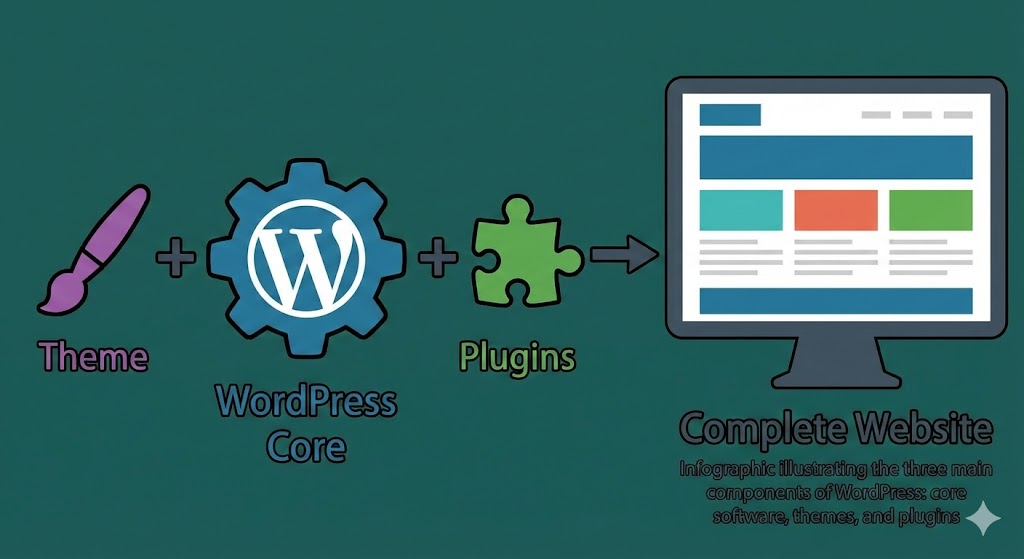 Infographic illustrating the three main components of WordPress: core software, themes, and plugins
