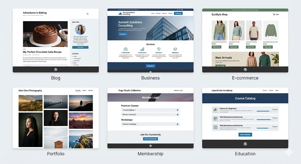 Examples of various website types created using WordPress platform